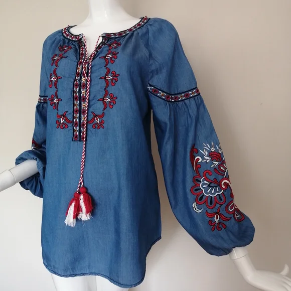 Desigual Denim Blue Blouse with Red Embroidery - Picture 2 of 7